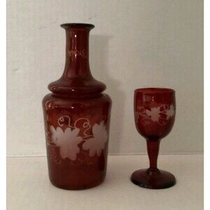2 Piece Decanter Vase 5.75" Tall Cup Ruby Red Cut To Clear Vintage Handblown